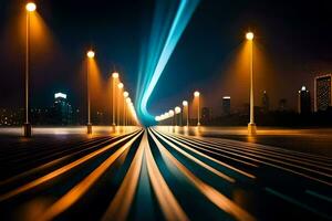 uma grandes exposição foto do uma cidade rua às noite. gerado por IA