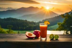 uma vidro do suco com fruta e uma pôr do sol dentro a fundo. gerado por IA foto