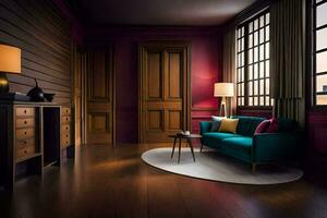 uma quarto com roxa paredes e de madeira andares. gerado por IA foto