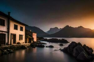 uma casa senta em a costa do uma lago às pôr do sol. gerado por IA foto