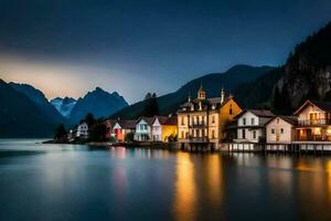 foto papel de parede a céu, montanhas, lago, casas, a noite, a montanhas, a lago. gerado por IA