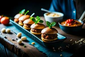 pequeno controles deslizantes com carne e legumes em uma de madeira bandeja. gerado por IA foto