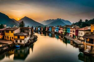 colorida casas linha a bancos do uma rio às pôr do sol. gerado por IA foto