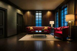 uma vivo quarto com vermelho sofás e uma lâmpada. gerado por IA foto