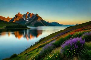 a montanhas e flores estão refletido dentro a água. gerado por IA foto