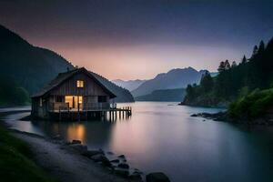 foto papel de parede a céu, montanhas, lago, casa, a casa, a lago, a montanhas. gerado por IA