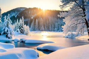 neve coberto árvores e uma rio dentro a inverno. gerado por IA foto