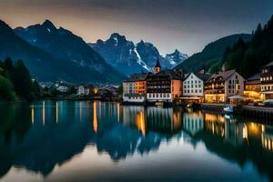 a Cidade do Altenburg dentro a Alpes às crepúsculo. gerado por IA foto