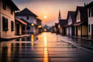 uma rua com casas e uma pôr do sol dentro a fundo. gerado por IA foto