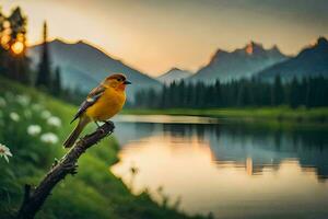 uma amarelo pássaro senta em uma ramo perto uma lago. gerado por IA foto