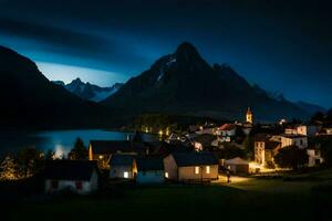 uma Vila dentro a montanhas às noite. gerado por IA foto