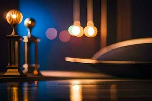 uma mesa com uma luminária e uma luz lâmpada. gerado por IA foto