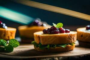 pequeno sanduíches com bagas e hortelã em uma de madeira borda. gerado por IA foto