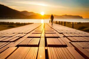 uma homem caminhando em uma de madeira ponte às pôr do sol. gerado por IA foto