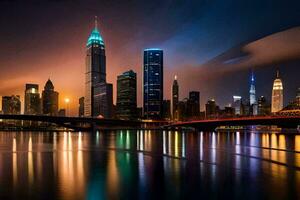 a cidade Horizonte às noite com luzes refletindo dentro a água. gerado por IA foto