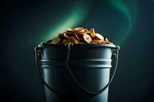 uma balde preenchidas com moedas em uma Sombrio fundo. gerado por IA foto