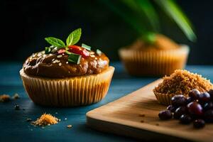 bolos de copo com fruta e especiarias em uma de madeira borda. gerado por IA foto