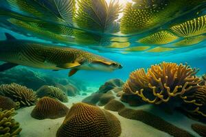 uma peixe nada através a água perto coral recifes. gerado por IA foto