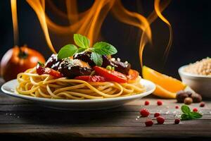 espaguete com almôndegas e tomates em uma placa. gerado por IA foto