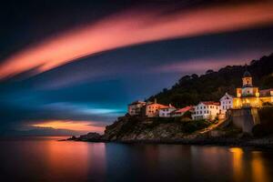 uma Cidade em a costa às pôr do sol. gerado por IA foto