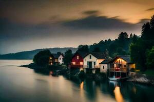 casas em a costa do uma lago às crepúsculo. gerado por IA foto