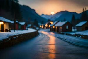 uma rio corre através uma Nevado Vila às pôr do sol. gerado por IA foto