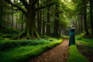 uma mulher dentro uma verde vestir carrinhos dentro a meio do uma floresta. gerado por IA foto