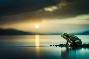 uma rã senta em a Beira do a água às pôr do sol. gerado por IA foto