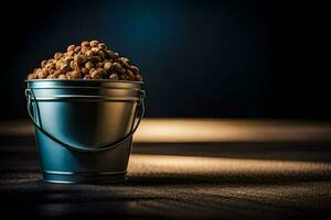 uma balde do amendoim em uma Sombrio mesa. gerado por IA foto