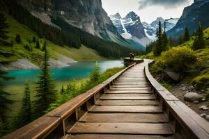 uma de madeira passarela conduz para uma lago e montanhas. gerado por IA foto