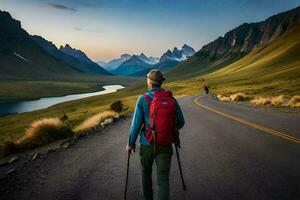 uma homem com uma mochila caminhando em uma estrada dentro a montanhas. gerado por IA foto