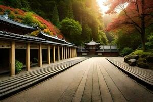 uma japonês têmpora dentro a montanhas. gerado por IA foto