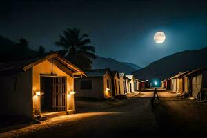 uma Vila às noite com uma cheio lua. gerado por IA foto