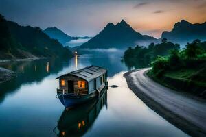 uma barco é flutuando baixa a rio às crepúsculo. gerado por IA foto