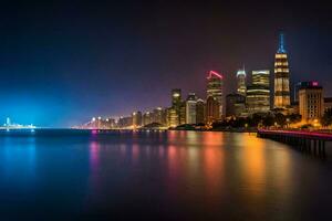 a cidade Horizonte às noite com luzes refletindo fora a água. gerado por IA foto