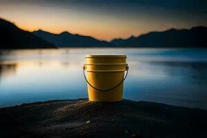 uma amarelo balde senta em a areia às pôr do sol. gerado por IA foto