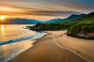 a Sol conjuntos sobre uma de praia e montanhas. gerado por IA foto