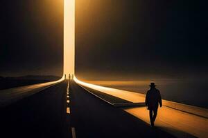 uma homem caminhando baixa uma grandes estrada às noite. gerado por IA foto