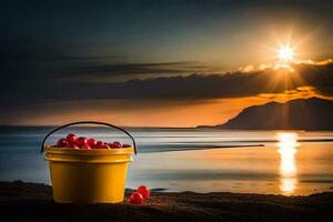 uma balde do cerejas em a de praia às pôr do sol. gerado por IA foto
