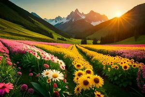 pôr do sol sobre uma campo do flores e montanhas. gerado por IA foto
