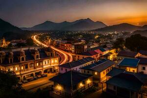 uma Cidade às crepúsculo com montanhas dentro a fundo. gerado por IA foto