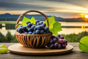 uvas dentro uma cesta em uma de madeira mesa com uma lago dentro a fundo. gerado por IA foto