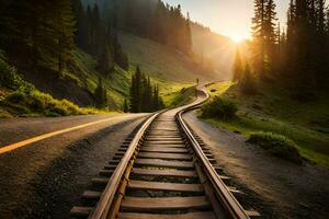 uma Ferrovia rastrear indo através a montanhas às pôr do sol. gerado por IA foto