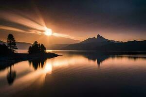 a Sol sobe sobre uma montanha alcance e lago. gerado por IA foto