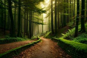 uma caminho através uma floresta com árvores e musgo. gerado por IA foto