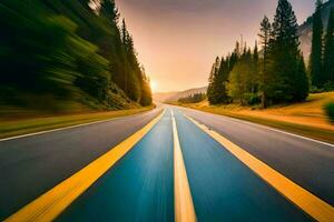 uma embaçado imagem do uma estrada com árvores e montanhas. gerado por IA foto