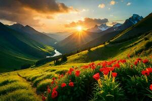 a Sol sobe sobre a montanhas e flores dentro a vale. gerado por IA foto