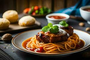 espaguete com carne e molho em uma placa. gerado por IA foto