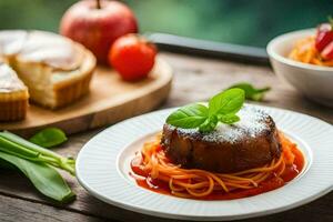 espaguete com tomate molho e almôndegas em uma placa. gerado por IA foto
