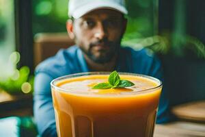 uma homem dentro uma beisebol boné senta dentro frente do uma vidro do laranja suco. gerado por IA foto